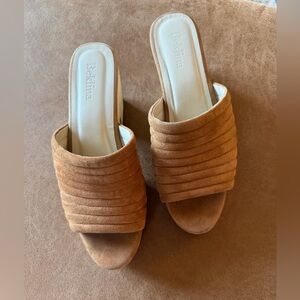 Beklina Suede Wooden Clog Mule Heels Caramel Platform Slides 7